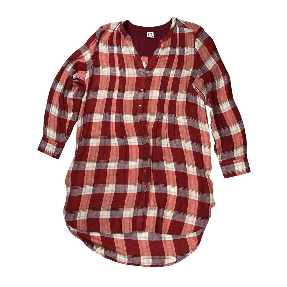 Anthropologie Akemi Kin Lucie Red Plaid Button Front Tunic Sz Large Oversized